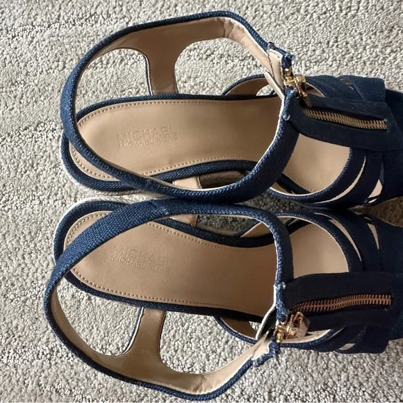 Michael Michael Kors Berkeley Blue Canvas Front Zip Espadrille Wedge Sandals 8M - Picture 7 of 16